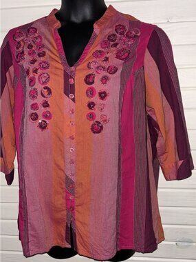 Cj Banks Plus Sz ?? (See Meas) Appliqué Cotton Lightweight Blouse Top EUC
